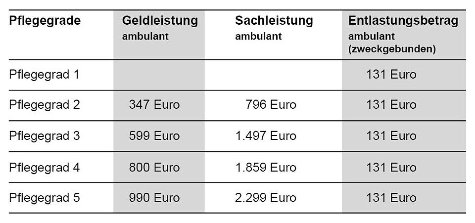 Tabelle Leistungen Pflegeversicherung 2026_07 Tabelle zu den Leistungen der einzelnen Pflegegrade