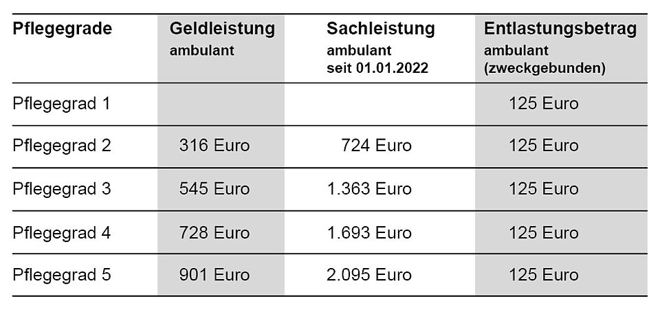 2022_12_Leistungen_Pflegeversicherung_Web Übersicht über die Leistungen der Pflegeversicherung pro Pflegegrad